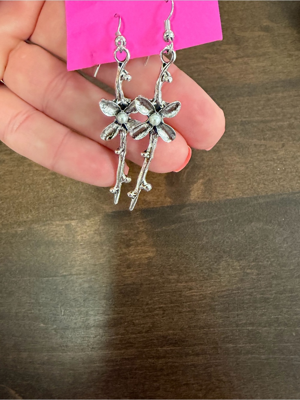 Silver Floral Branch Drop Earrings - Silver Tone